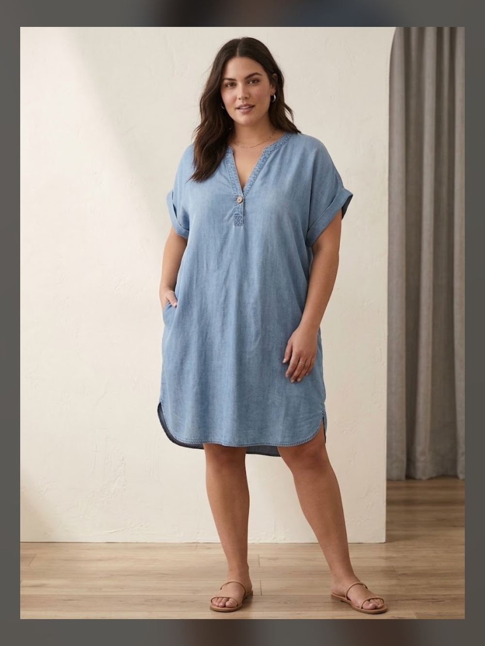 Light Blue Denim Chambray Shift Dress Short Sleeve Henley V-Neck